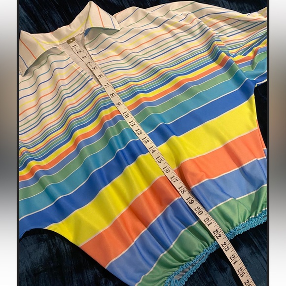 Vintage White Long Sleeved Blouse with Elastic Hem in Neon Stripes - Size Medium - Picture 7 of 9